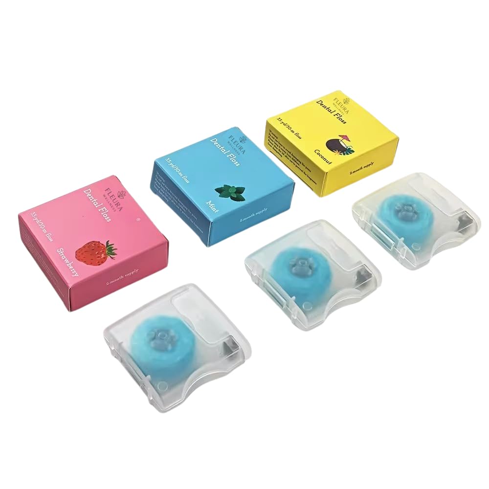 Fleura Wellness Flavored Dental Floss 3-Pack Coconut Waxed Thick Blue