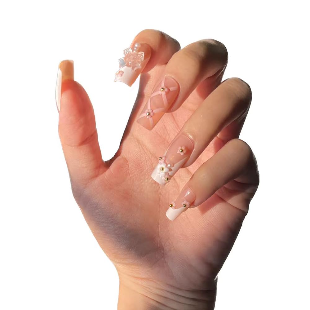 PIVHWIR 29-Piece Long Press-On Nails, Pink Bow Flower Design