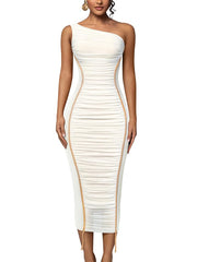 LAGSHIAN Women's Sexy Bodycon One Shoulder Mesh Ruched Midi Dress White Size S