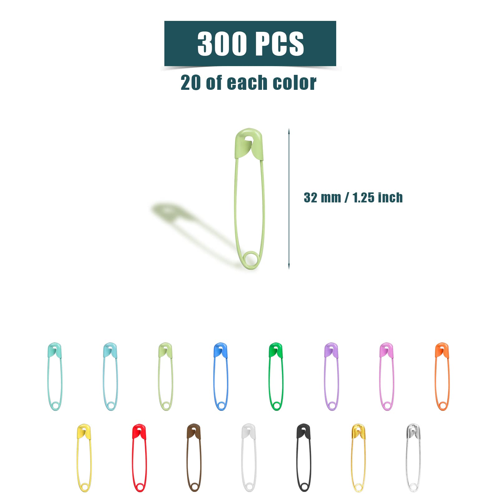KINBOM 300pcs 32mm Colored Safety Pins 15 Colors Metal for Sewing Craft