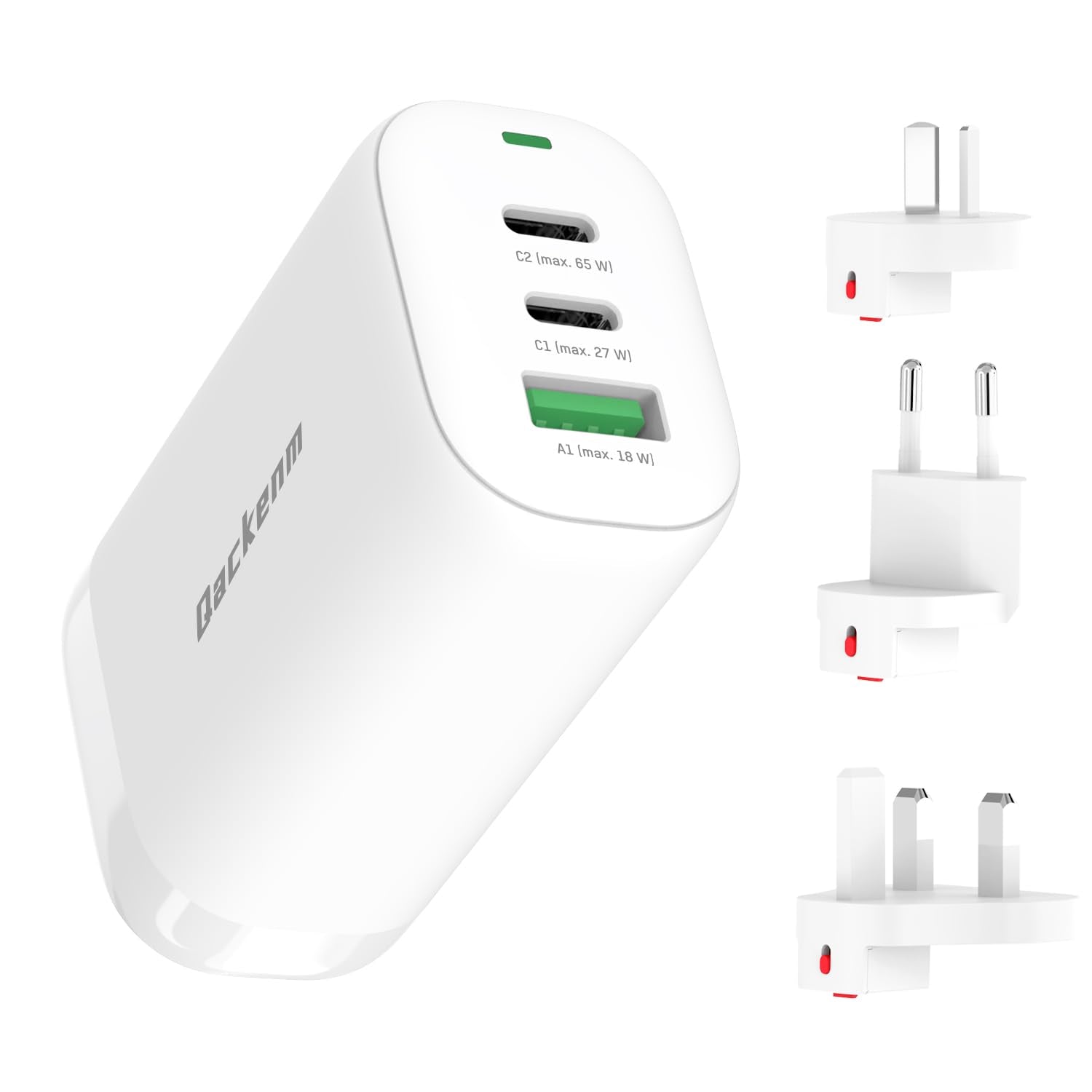 Qackenm 65W 3-Port GaN USB C Charger Foldable Fast Charging White