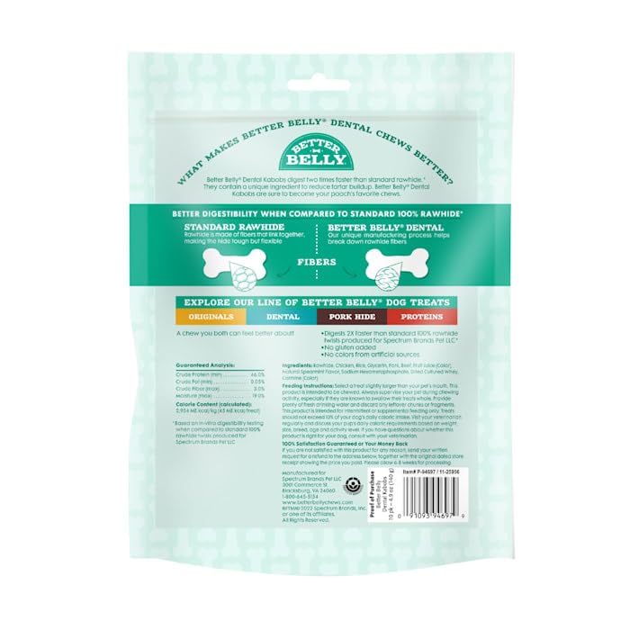 BestBy12/25 Better Belly Dental Kabobs Dog Chews Spearmint 10 Count