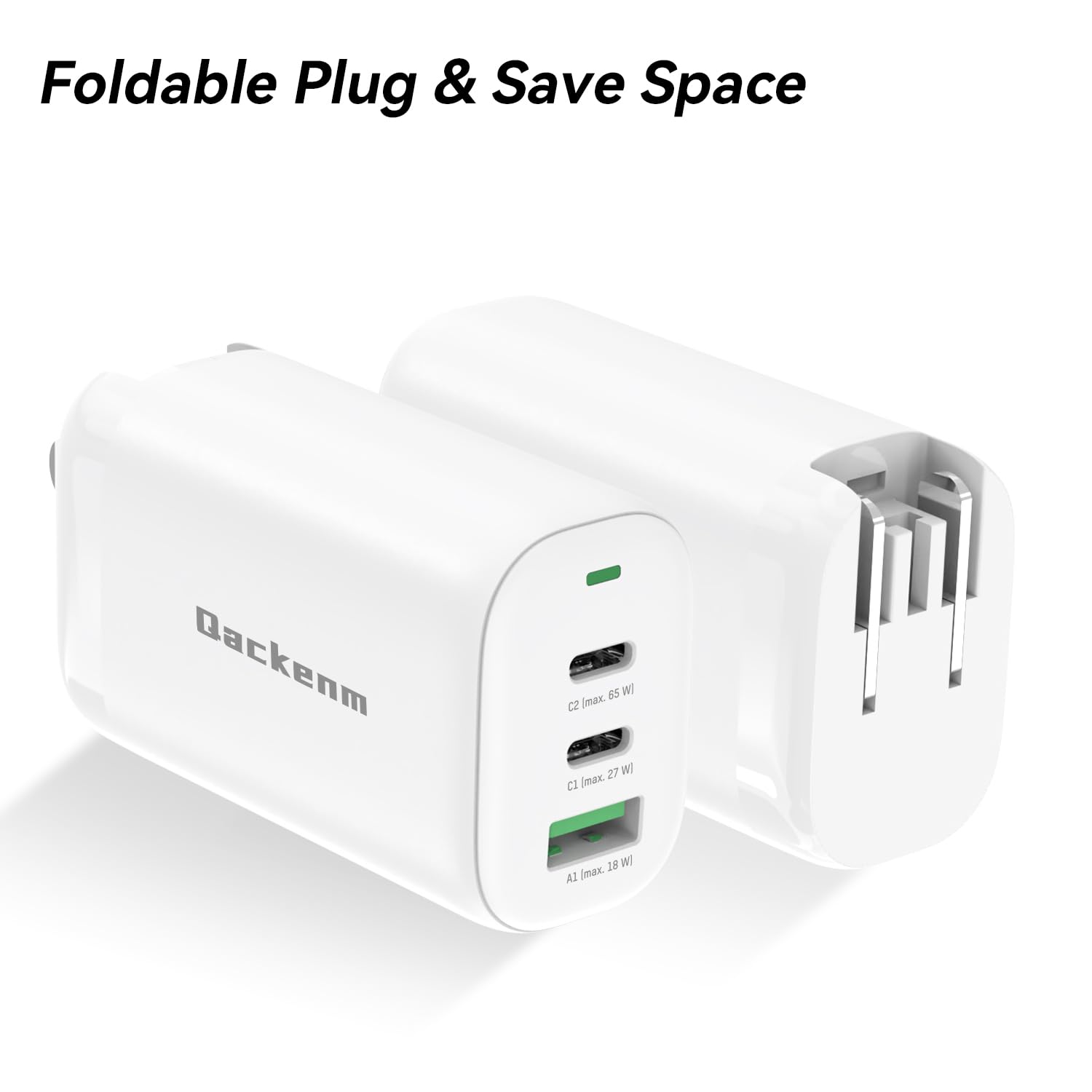 Qackenm 65W 3-Port GaN USB C Charger Foldable Fast Charging White