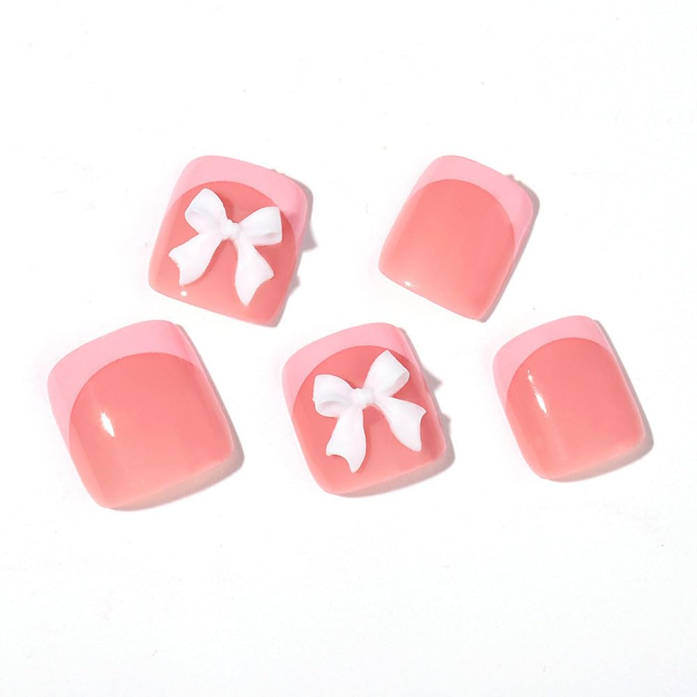 ZIFANHU 24 Pcs 3D Bow Texture Acrylic False Toenails Color V11 Rhinestones