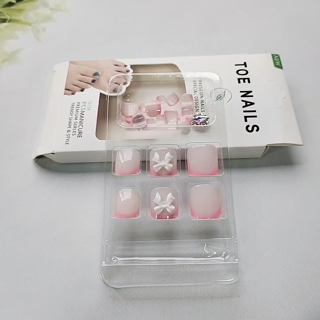 ZIFANHU 24 Pcs 3D Bow Texture Acrylic False Toenails Color V11 Rhinestones