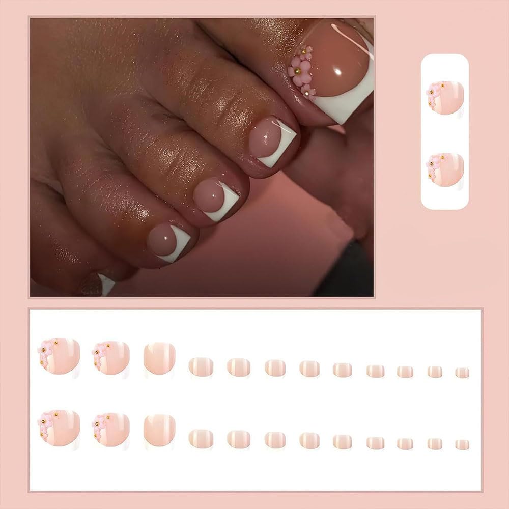 ZIFANHU 24 Pcs White French Press On Toenails Pink Flower Design Plastic