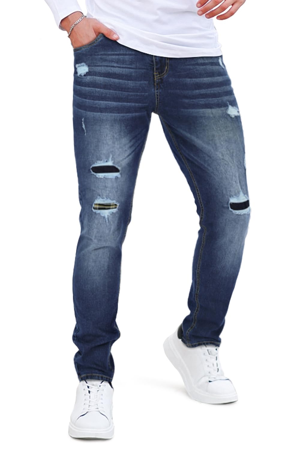 Heyfanee Mens Slim Fit Ripped Skinny Jeans Dark Blue Cotton Size 30x30