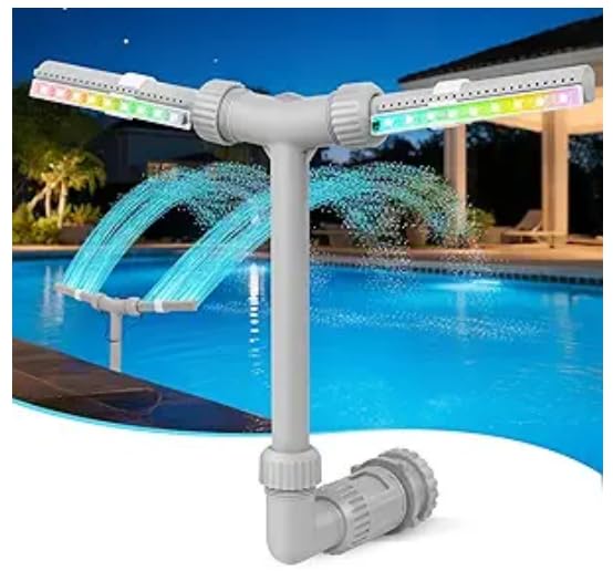 SWIMMORY Solar Pool Fountain Dual Sprayer with Lights Timer Remote White