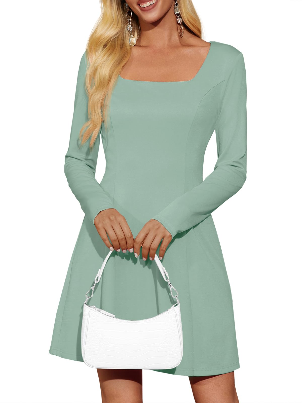 Wenrine Womens Long Sleeve Mini Dress Square Neck A Line Mint Color Size XL