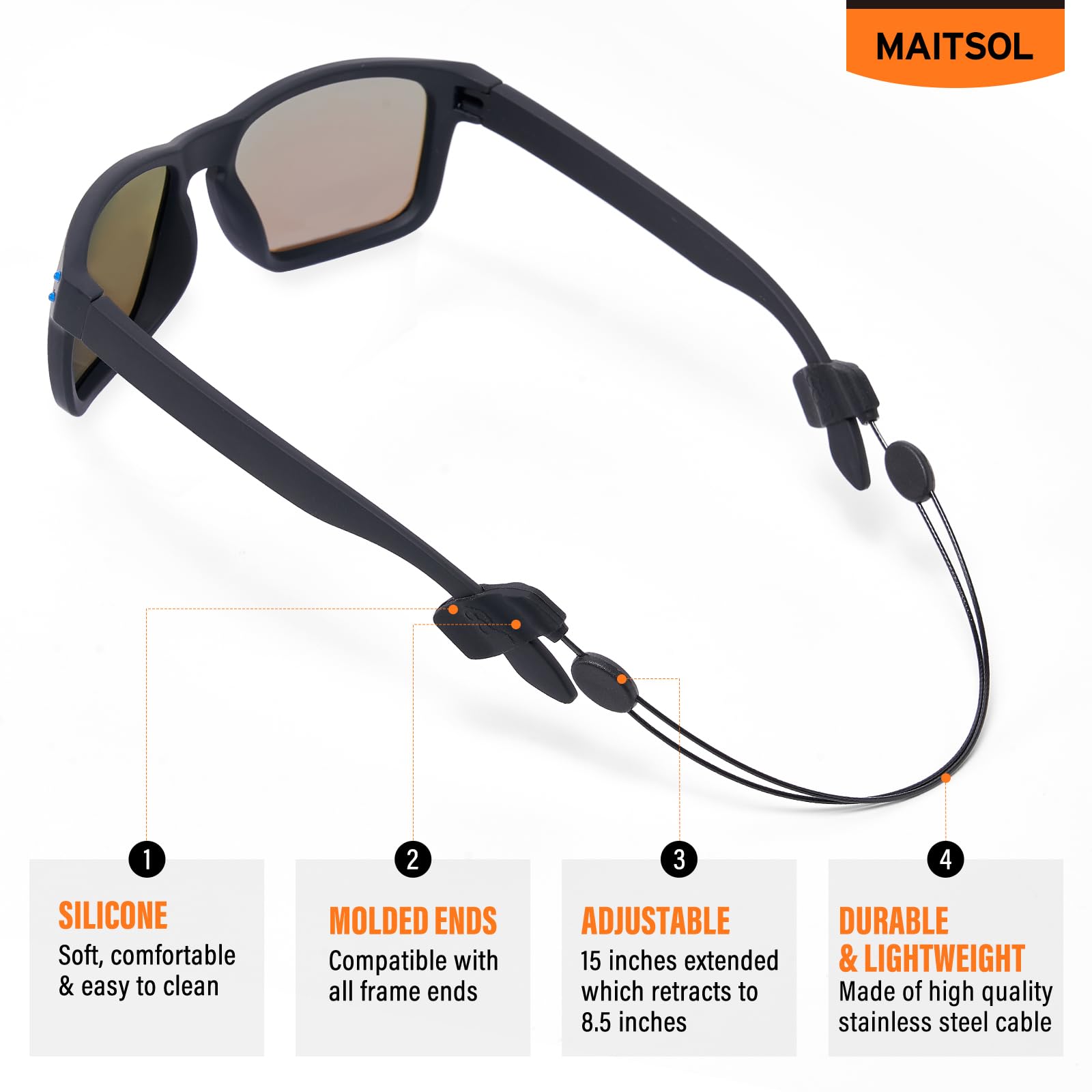 Maitsol Adjustable Glasses Strap Black 3 Pcs Silicone Wire Rope Unisex