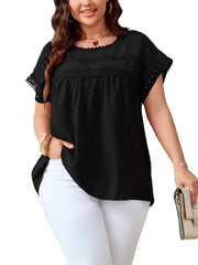 SHESTARR Women's Plus Size Crewneck Lace Crochet Short Sleeve Top Black XL Plus