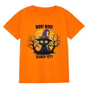 HELLO MEOW Halloween Boys T Shirt Orange Black Cat Size 4-5T
