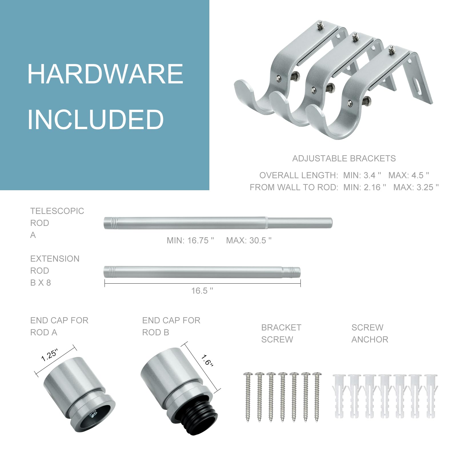 Byondeth Adjustable Curtain Rod 16-144in 1in Dia Aluminum End Cap Silver Gray
