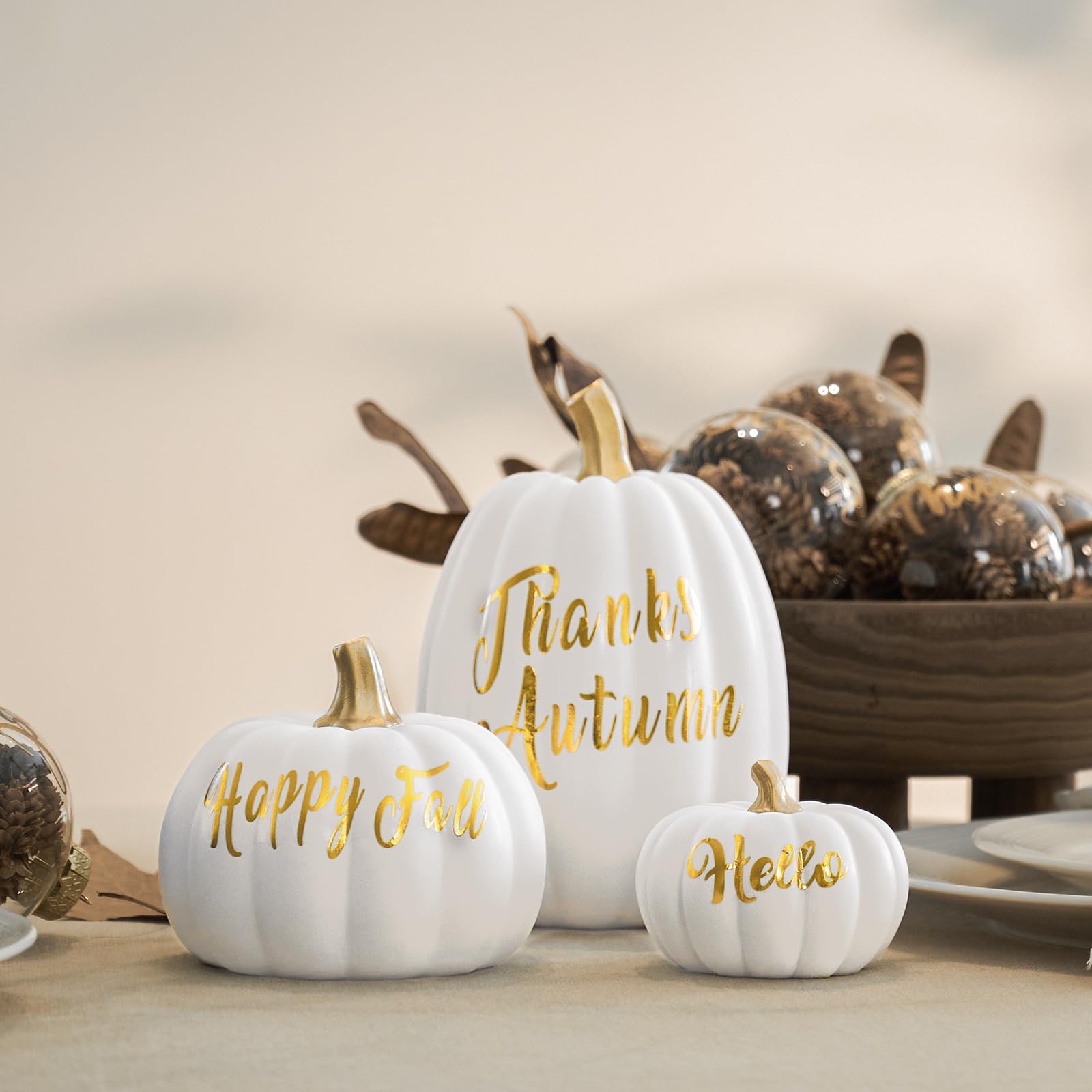 DN DECONATION 3 Pc Fall Pumpkin Decorations White Brown Black Resin Figurines