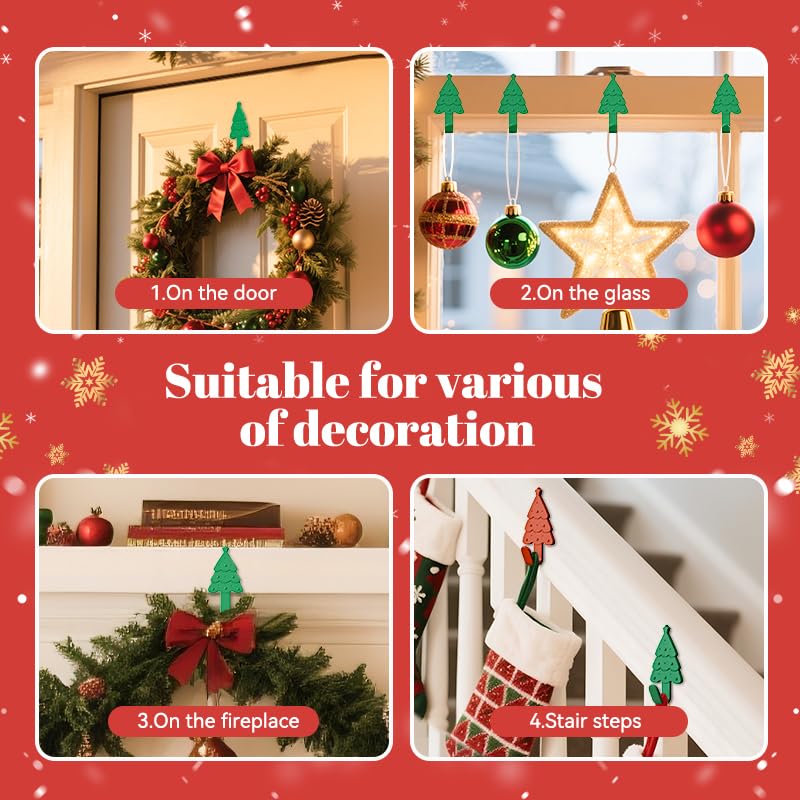 Zealoire Christmas Stocking Holders for Mantle - 3 PCS Silicone Wrapped Metal Adhesive Hooks, Adjustable Foldable Holidy Decor Wall Hooks for Stockings, Bells, Ornaments, Wreaths