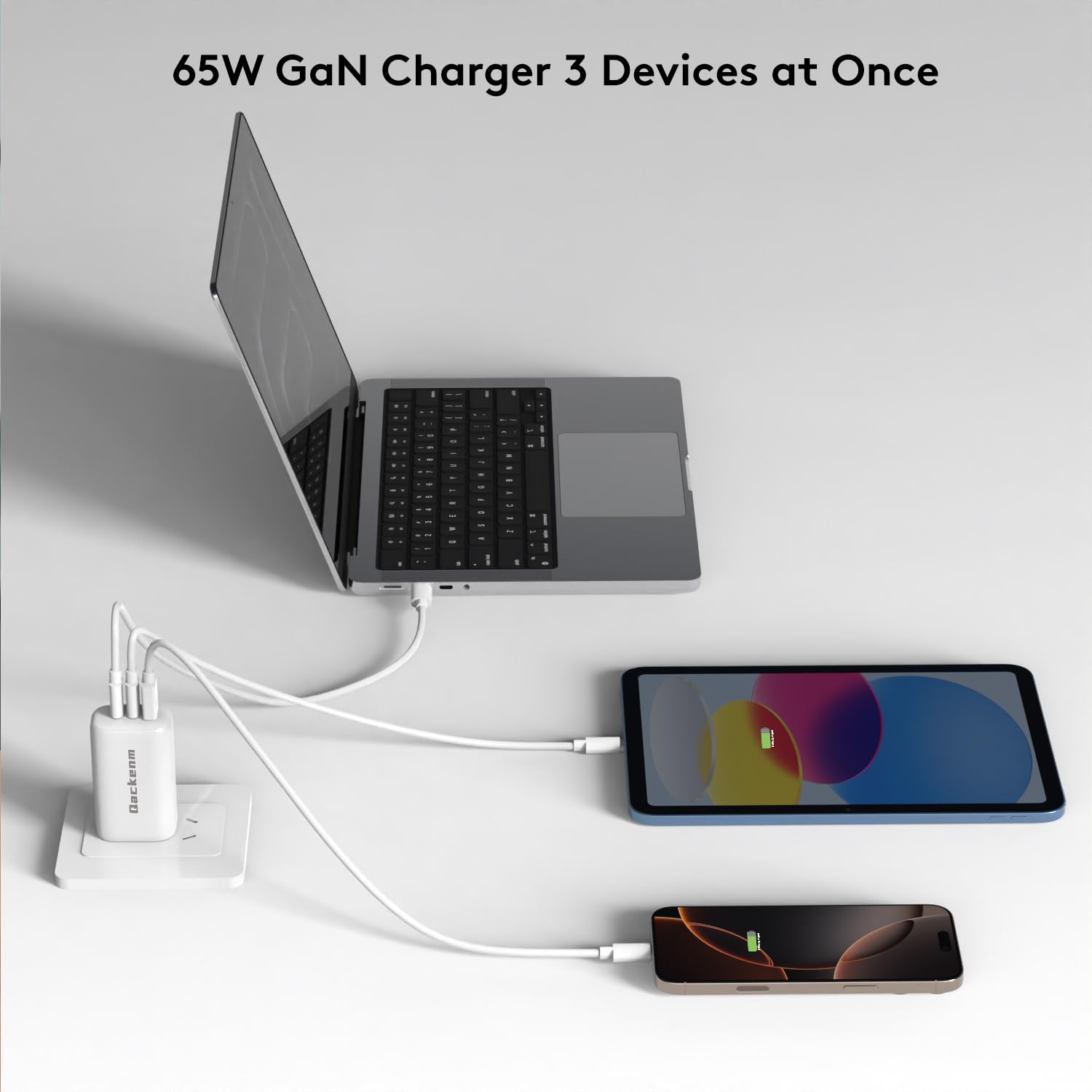 Qackenm 65W 3-Port GaN USB C Charger Foldable Fast Charging White