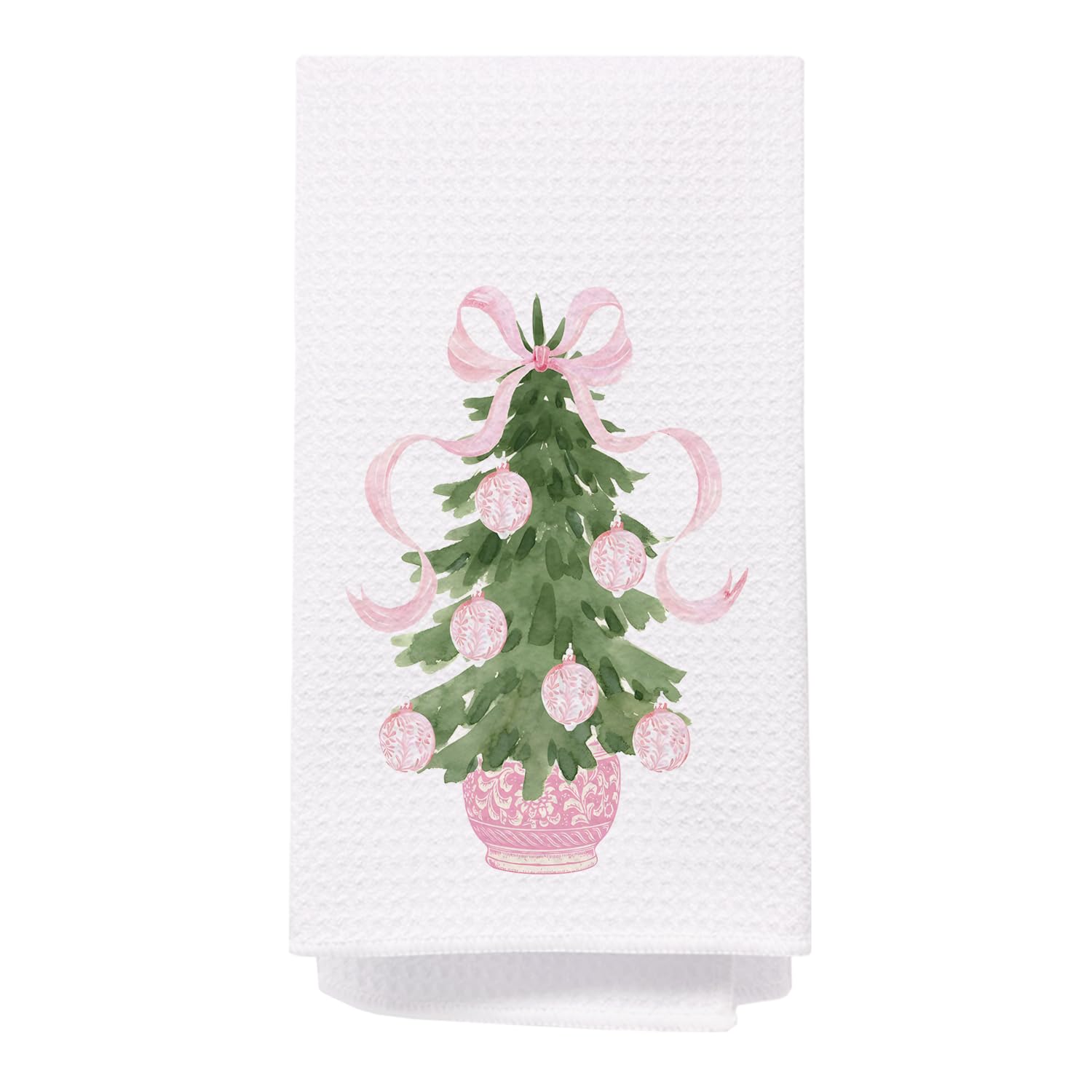 SPBL&L Chinoiserie Christmas Kitchen Towels Pink Bow Tree 16x24 Inch Set of 2