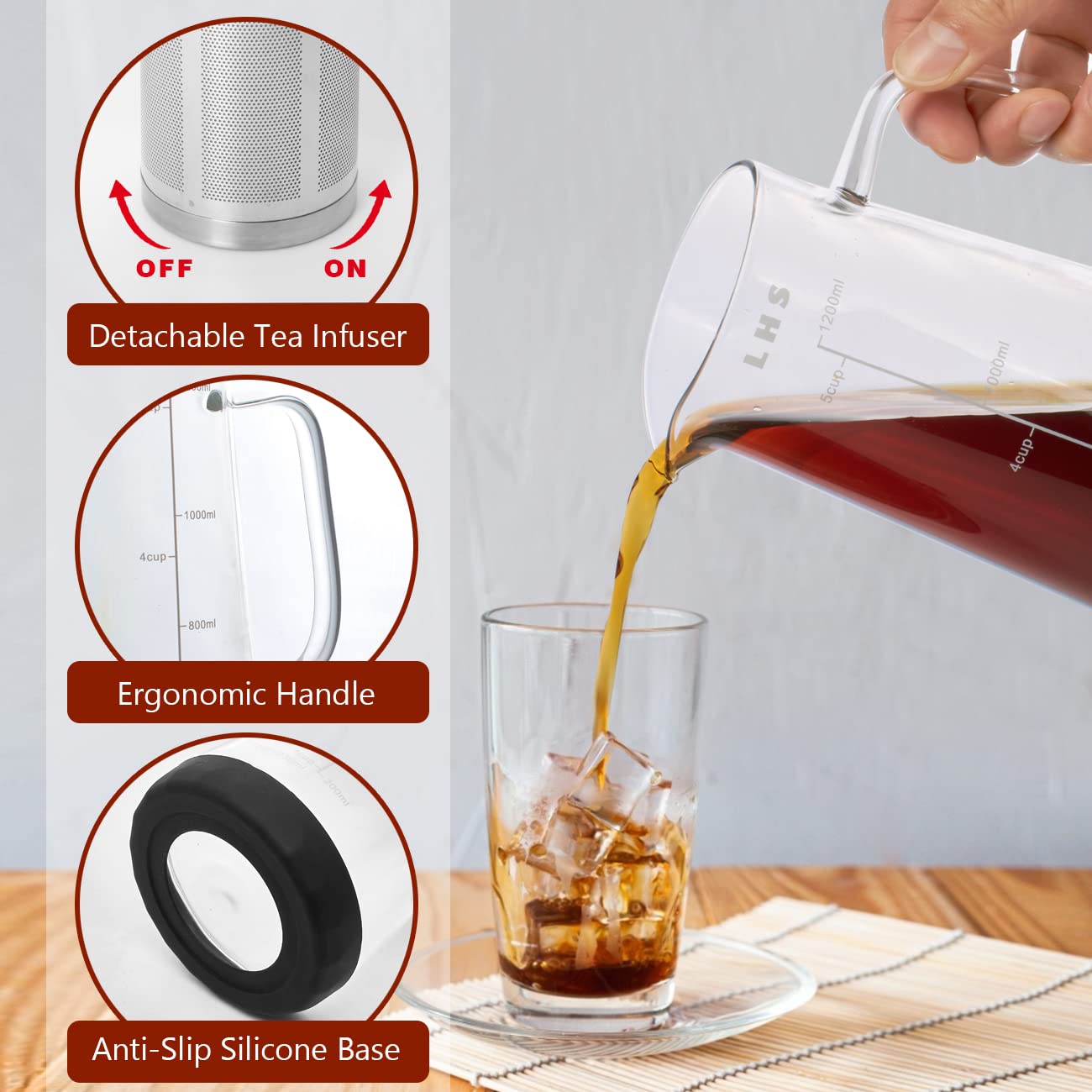 LHS Cold Brew Coffee Maker Glass Pitcher 1.2L 40oz Stainless Steel Filter