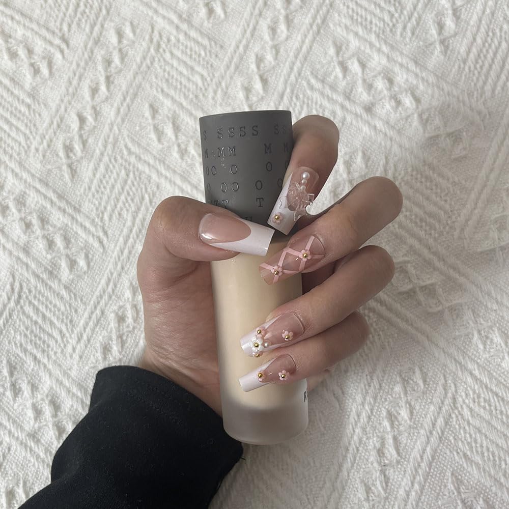 PIVHWIR 29-Piece Long Press-On Nails, Pink Bow Flower Design