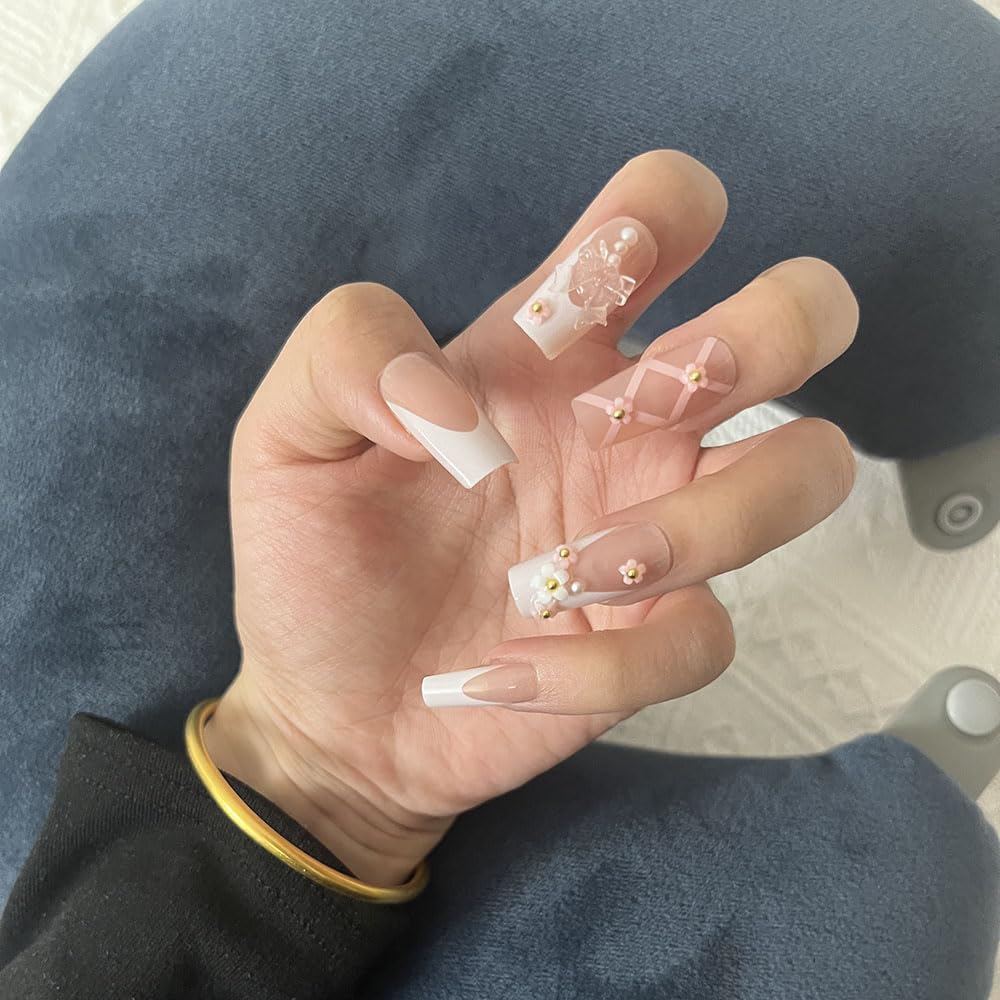 PIVHWIR 29-Piece Long Press-On Nails, Pink Bow Flower Design