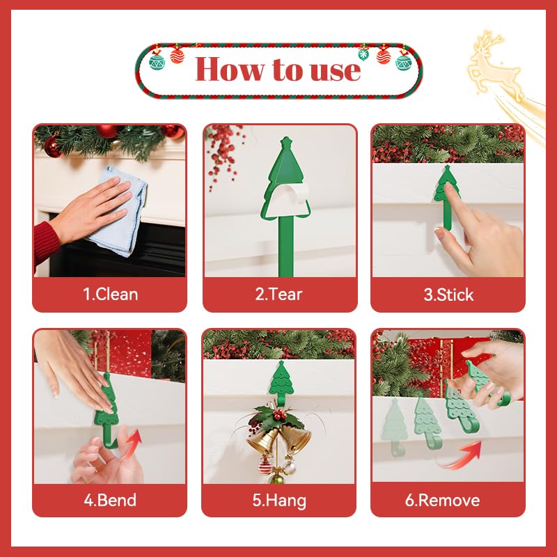 Zealoire Christmas Stocking Holders for Mantle - 3 PCS Silicone Wrapped Metal Adhesive Hooks, Adjustable Foldable Holidy Decor Wall Hooks for Stockings, Bells, Ornaments, Wreaths