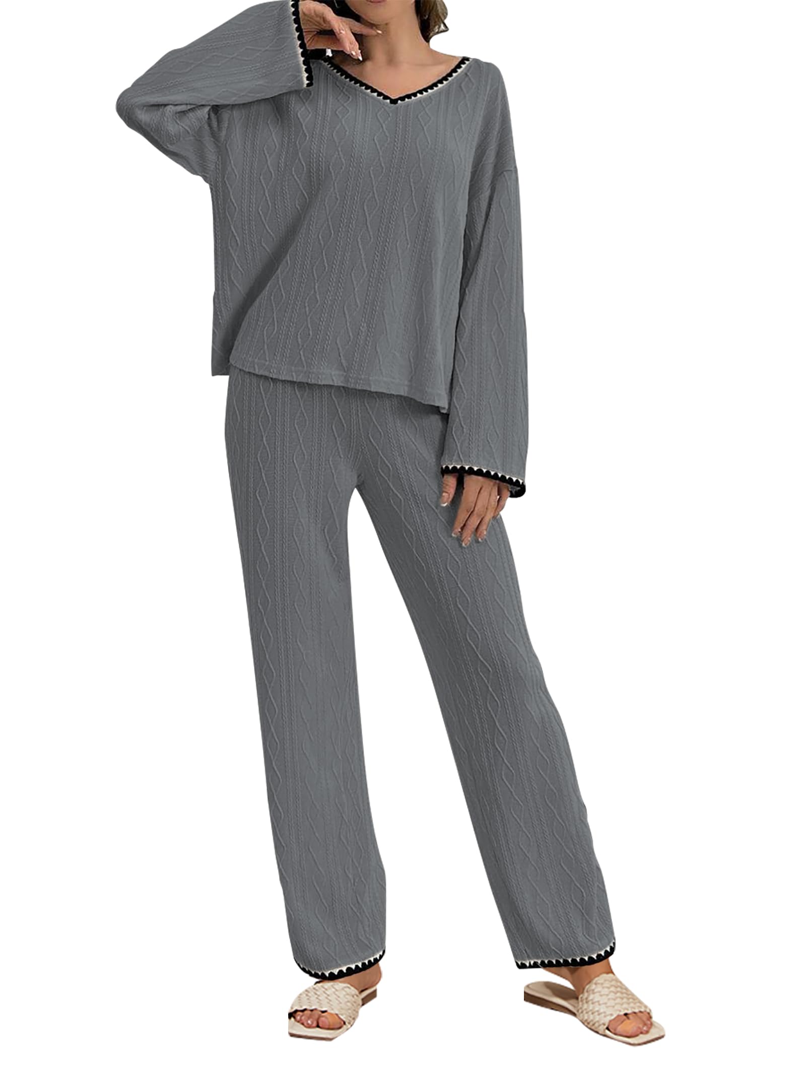 GUOLEZEEV Two Piece Lounge Set Soft Pajama Long Sleeve Pant Gray Size L