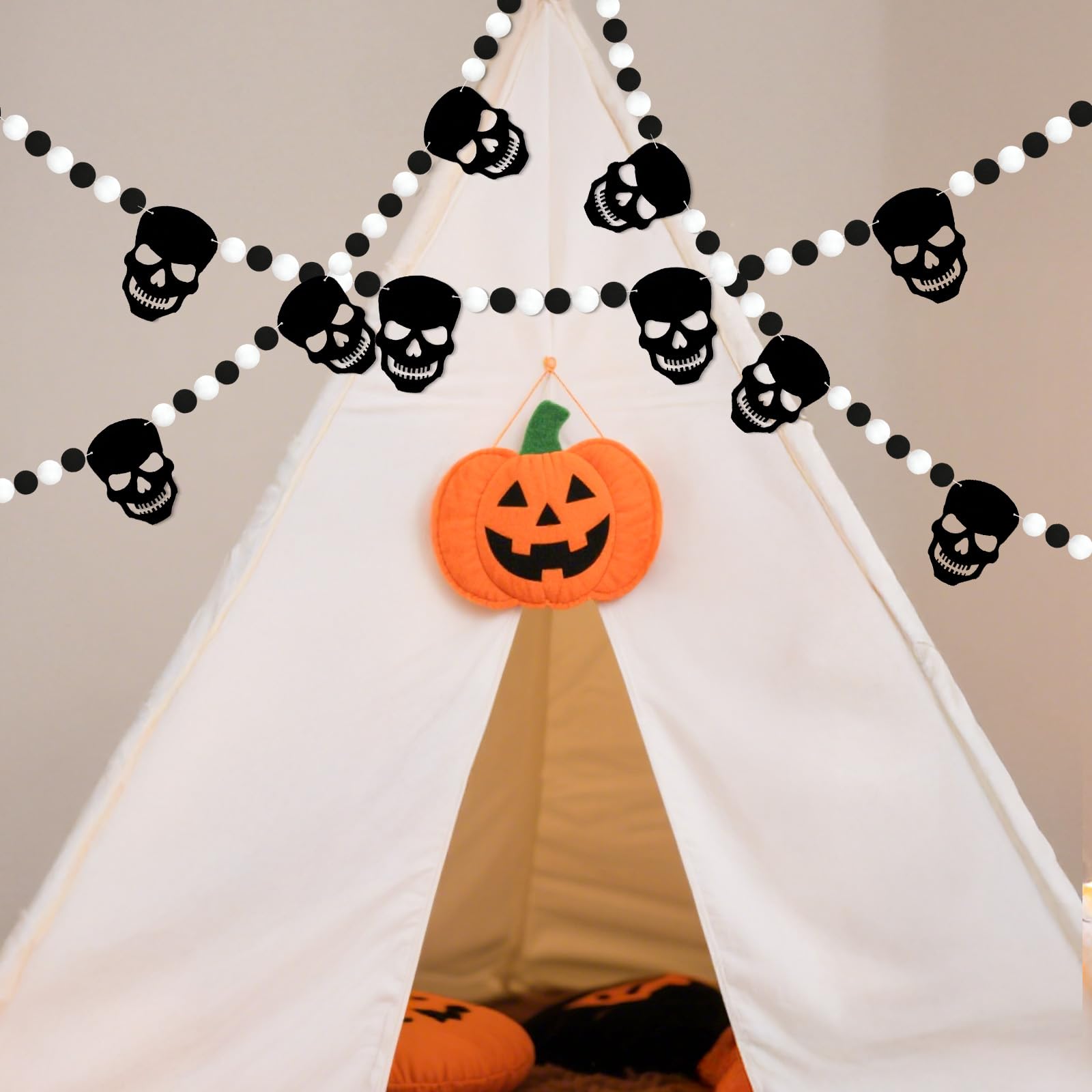 GCQQ Black White Skull Pompom Garland 6.4FT 2 Packs Halloween Decor