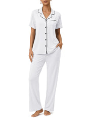 ZMJ Pajama For Women Short Sleeve Long Pants Pajamas For Women Womens Pajama Sets Button Down White XL