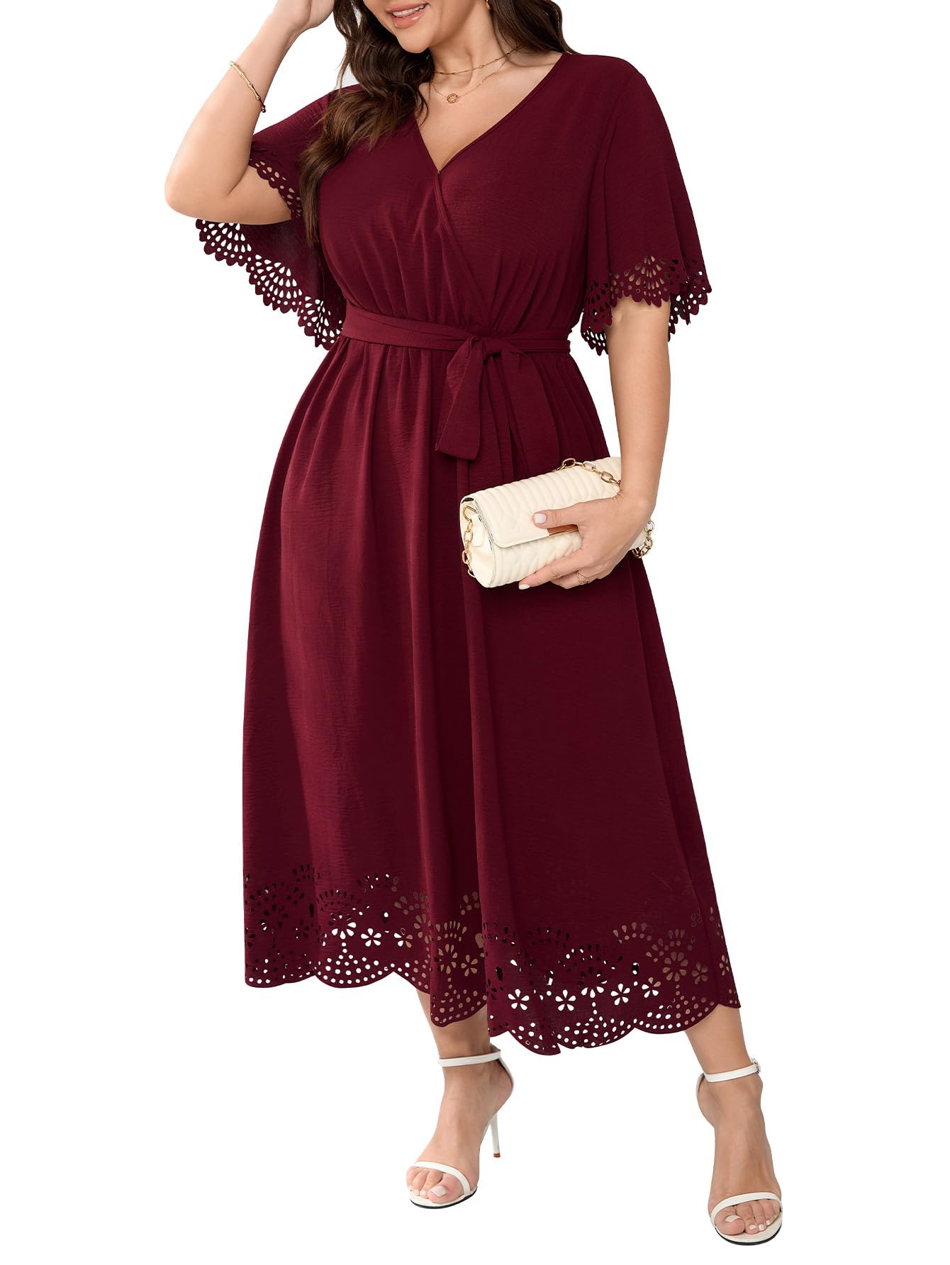 HICISI Womens Plus Size Wrap V Neck A-Line Maxi Dress with Belt Red XX-Large
