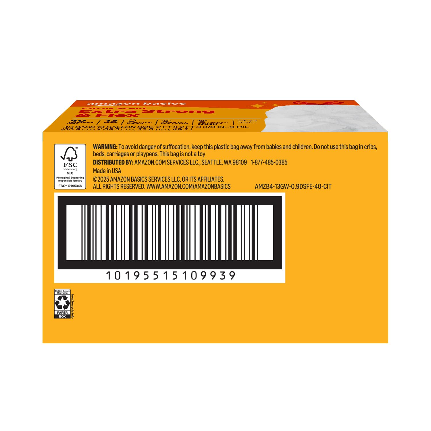 Amazon Basics Tall Kitchen Drawstring Trash Bags 13 Gallon Citrus 40 Count