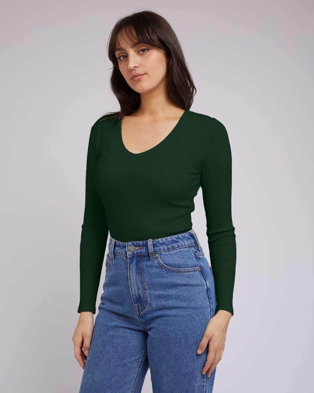 SANDERY Women's Ribbed V-Neck Long-Sleeve Top, Size L