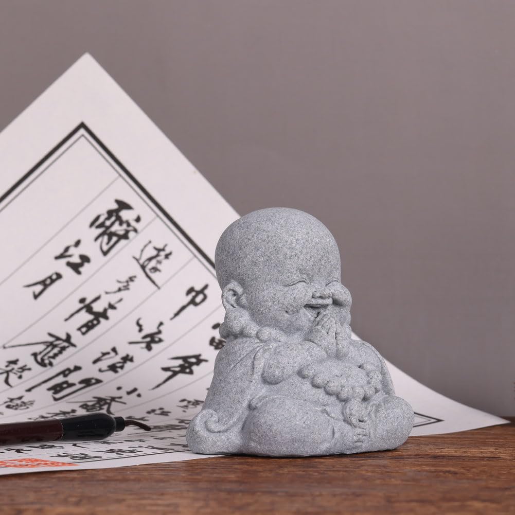 3-Inch Mini Laughing Buddha Statue, Sandstone Resin Buddha Statue for Table Decor, Small Laughing Buddha Figurine for Home or Office, Zen, Living Room, Shelf Decor, Zen Feng Shui Decor and Gift