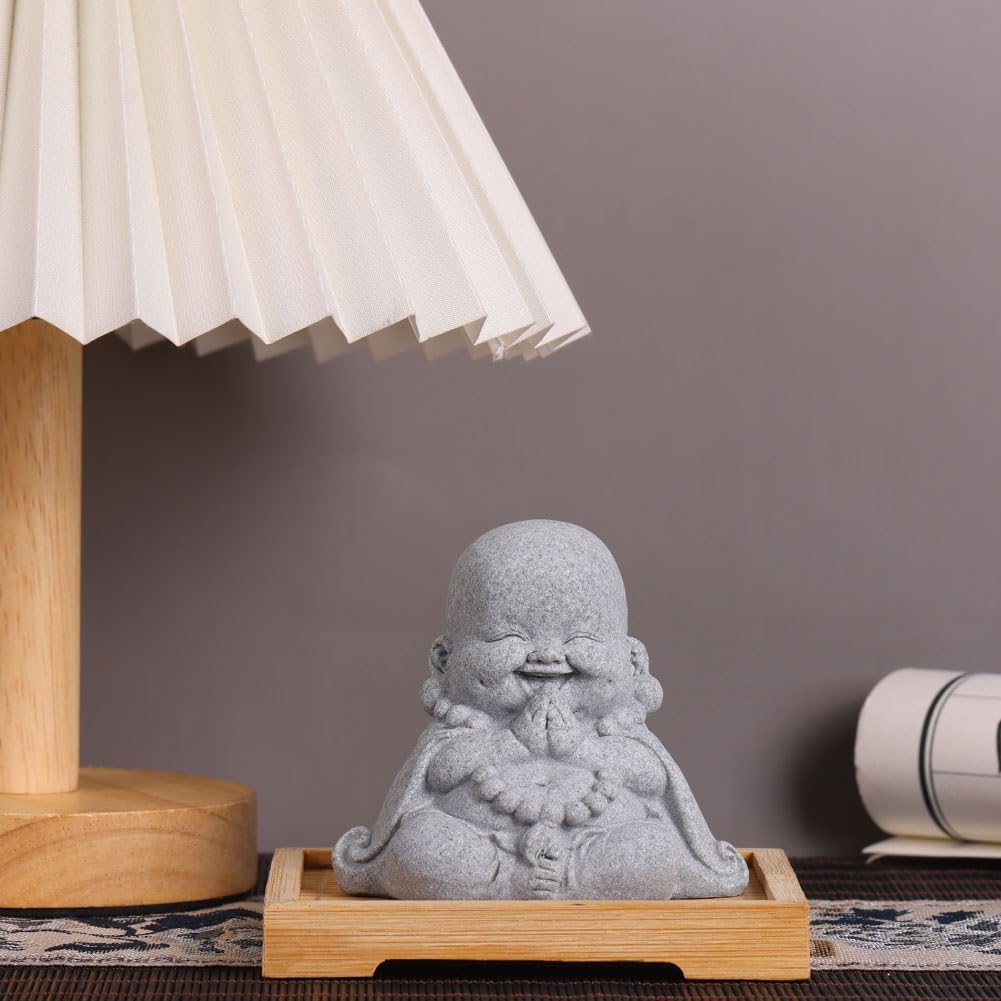 3-Inch Mini Laughing Buddha Statue, Sandstone Resin Buddha Statue for Table Decor, Small Laughing Buddha Figurine for Home or Office, Zen, Living Room, Shelf Decor, Zen Feng Shui Decor and Gift