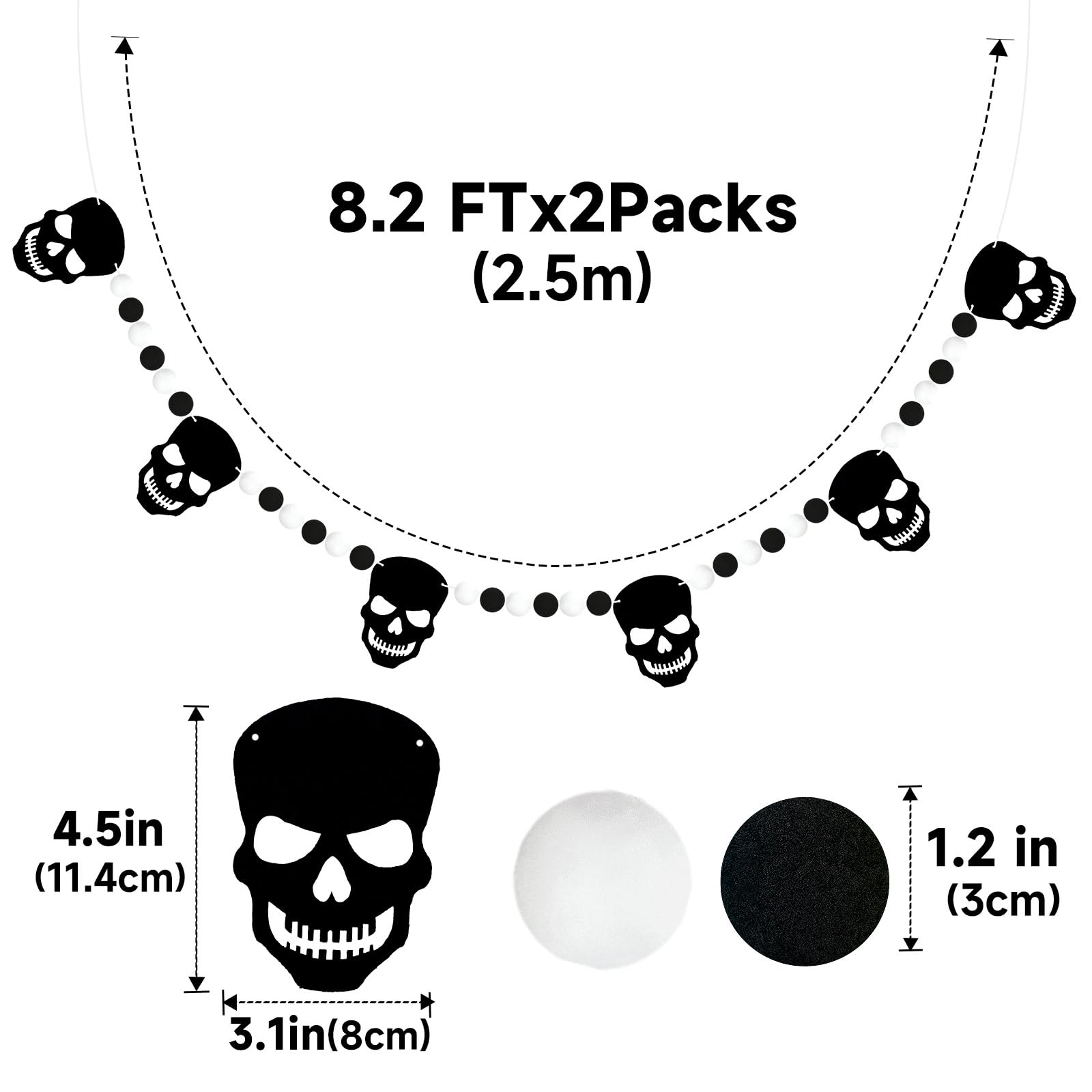 GCQQ Black White Skull Pompom Garland 6.4FT 2 Packs Halloween Decor