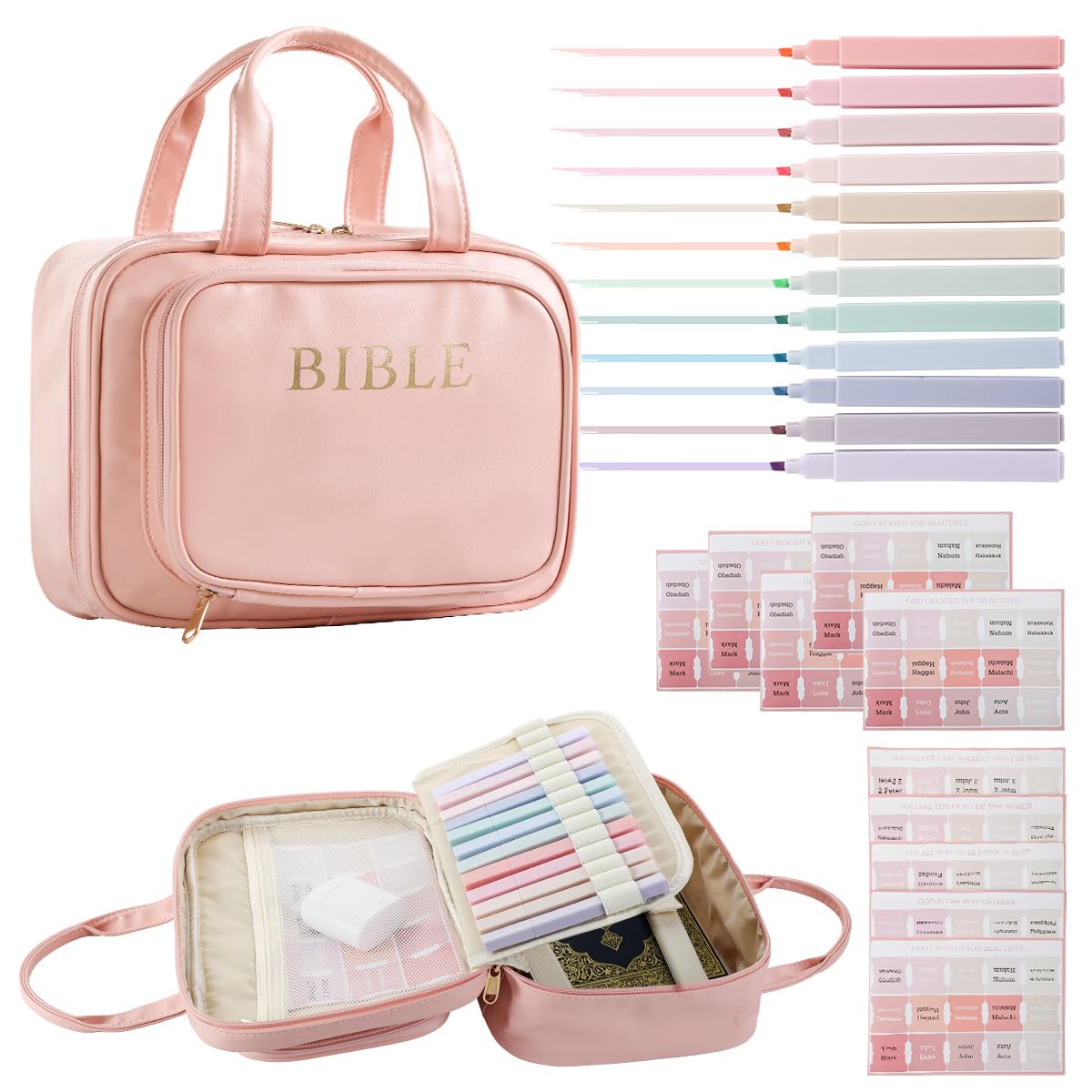 Bible Cover for Women Carrying Bag with 12 Highlighters&Index Pink Faux Leather