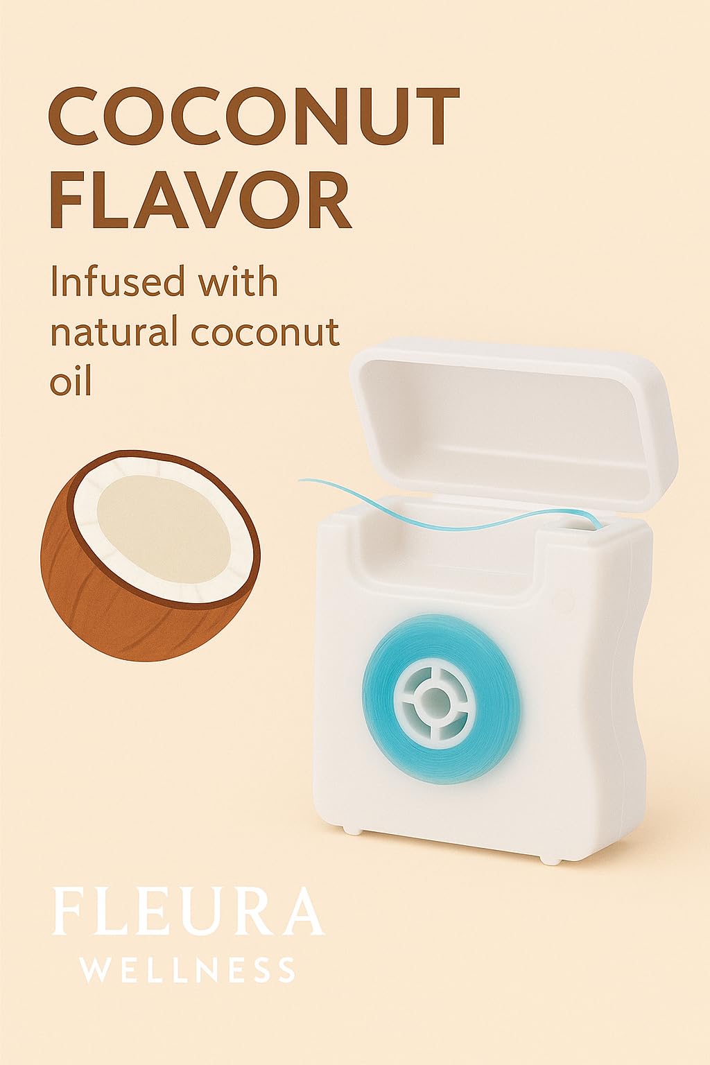Fleura Wellness Flavored Dental Floss 3-Pack Coconut Waxed Thick Blue