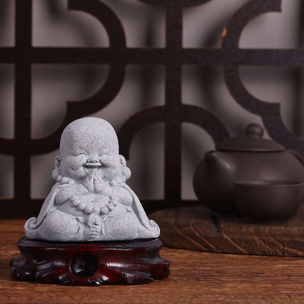 3-Inch Mini Laughing Buddha Statue, Sandstone Resin Buddha Statue for Table Decor, Small Laughing Buddha Figurine for Home or Office, Zen, Living Room, Shelf Decor, Zen Feng Shui Decor and Gift
