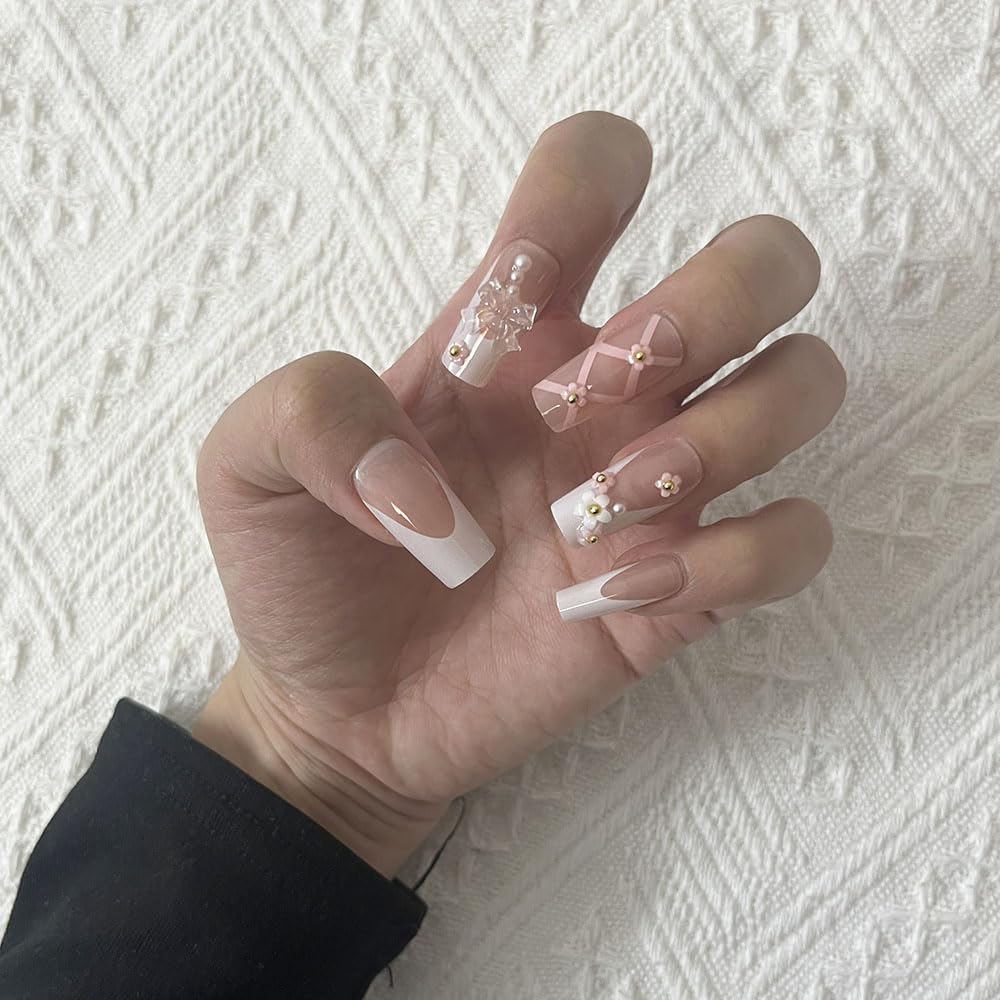 PIVHWIR 29-Piece Long Press-On Nails, Pink Bow Flower Design