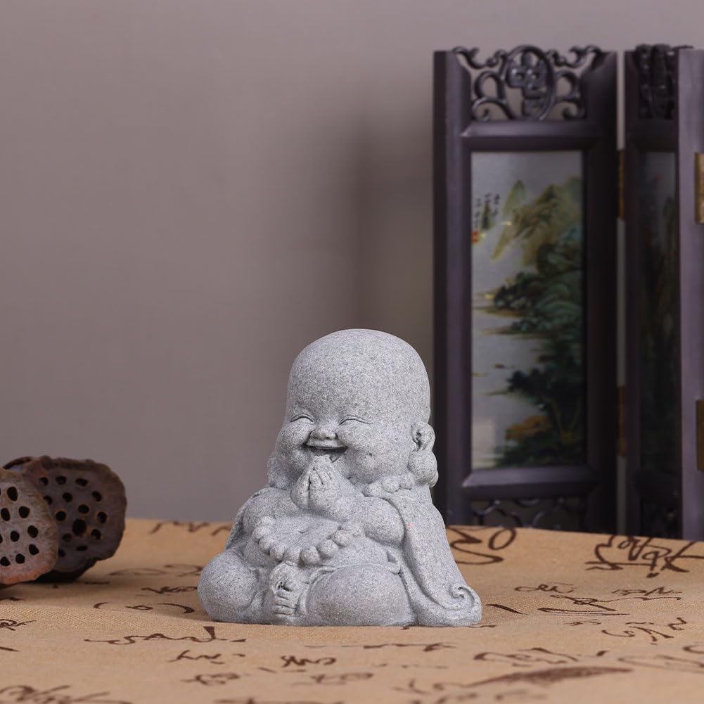 3-Inch Mini Laughing Buddha Statue, Sandstone Resin Buddha Statue for Table Decor, Small Laughing Buddha Figurine for Home or Office, Zen, Living Room, Shelf Decor, Zen Feng Shui Decor and Gift