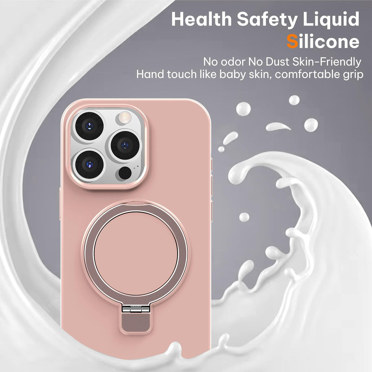 [Like New] LOHASIC MagSafe Silicone Case with Ring Stand for iPhone 15 Pro Max, Pink