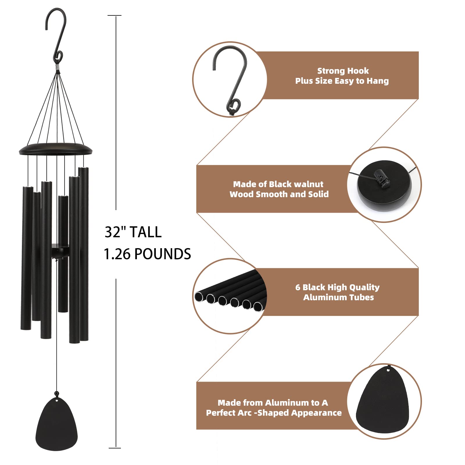 FSVGYY Large Outdoor Wind Chimes 32" Black Soothing Melodic Tones