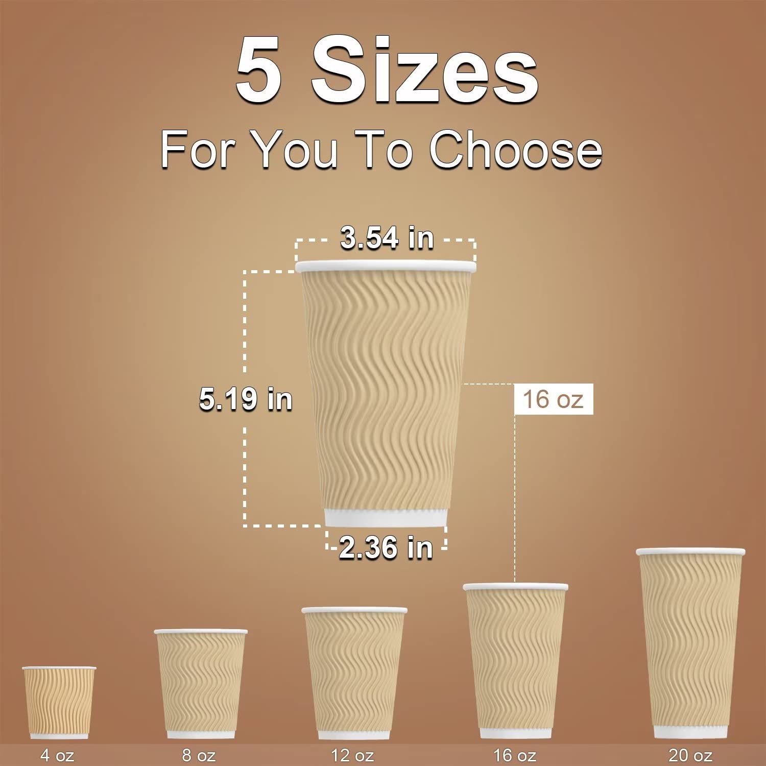 Luckypack Hot Paper Cups 16oz Disposable Insulated Ripple Wall Brown 100pcs
