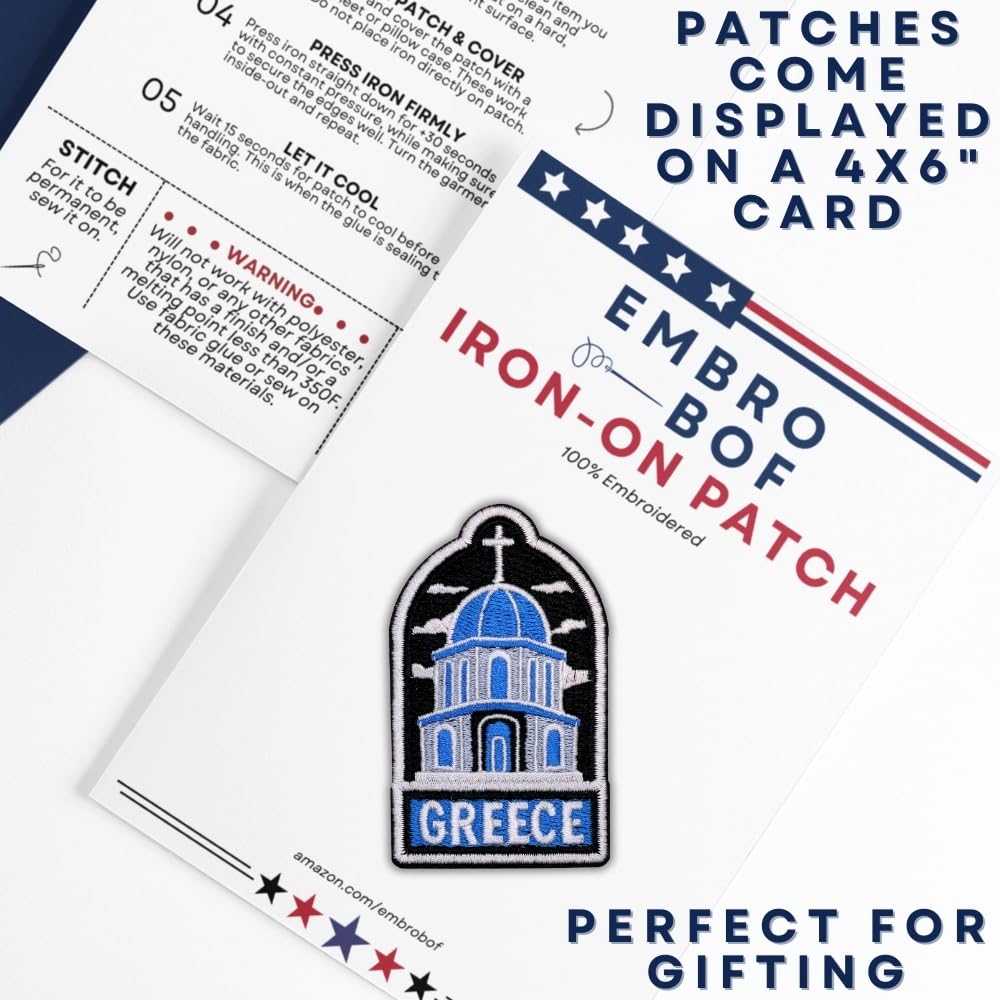 EMBRO BOF Blue Dome Greece Patch 3in Iron On Travel Patch