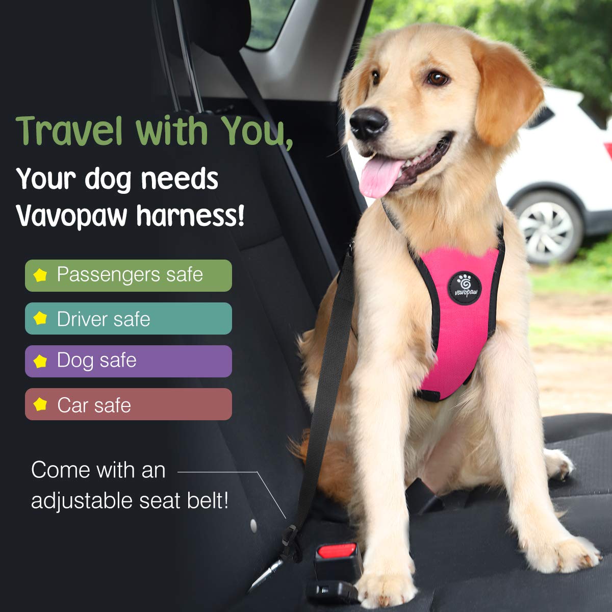 VavoPaw Dog Seat Belt Safety Vest Car Harness Adjustable Nylon S Magenta