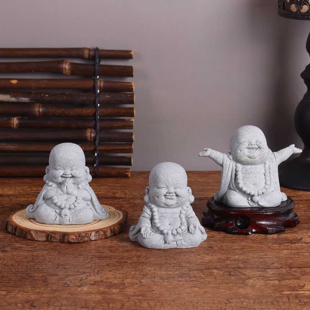 3-Inch Mini Laughing Buddha Statue, Sandstone Resin Buddha Statue for Table Decor, Small Laughing Buddha Figurine for Home or Office, Zen, Living Room, Shelf Decor, Zen Feng Shui Decor and Gift