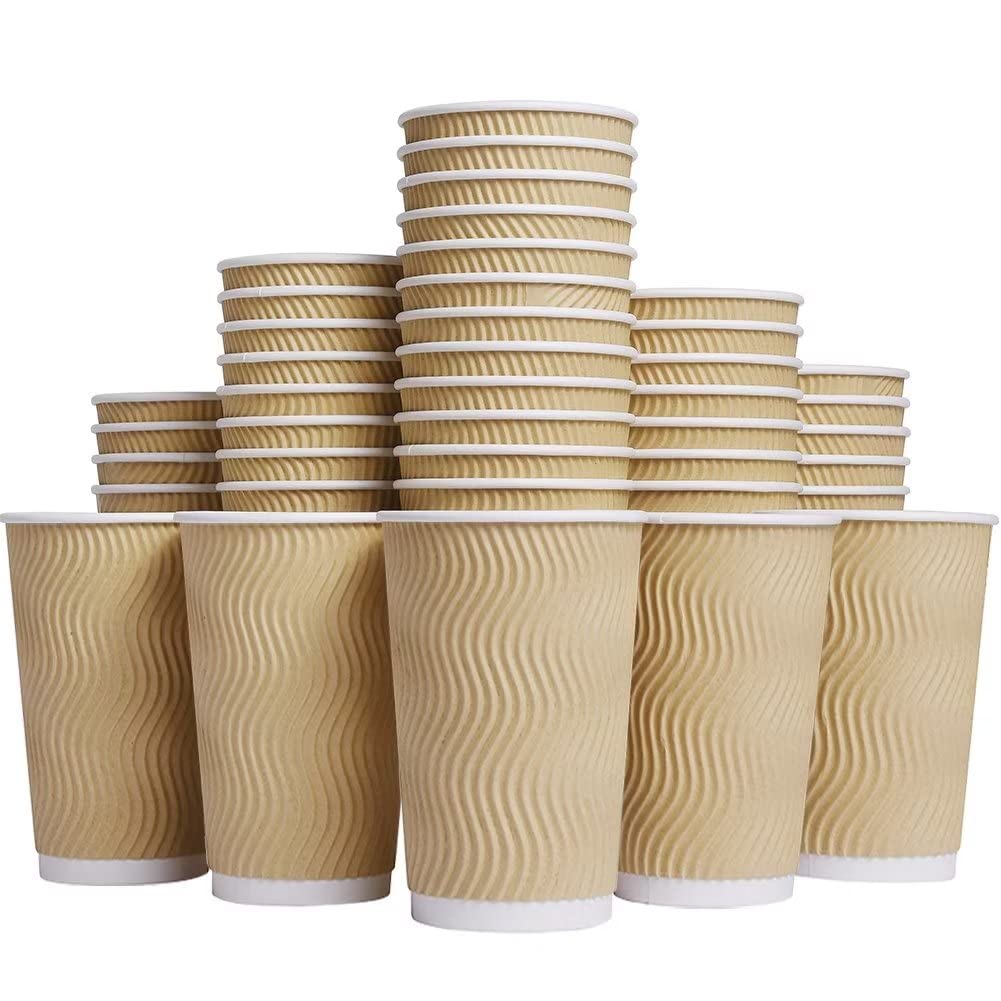 Luckypack Hot Paper Cups 16oz Disposable Insulated Ripple Wall Brown 100pcs