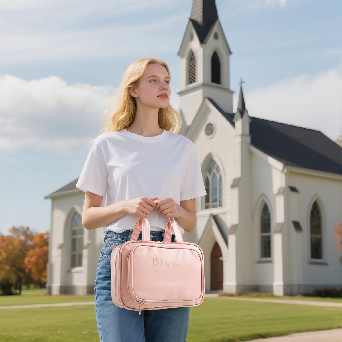 Bible Cover for Women Carrying Bag with 12 Highlighters&Index Pink Faux Leather
