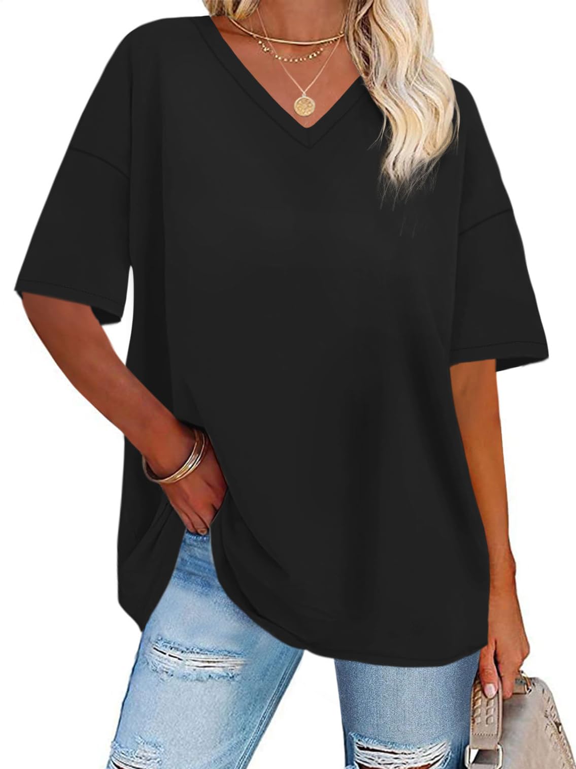 ADOREJOY Women's Oversized Black V-Neck T-Shirt, Short Sleeve, Small