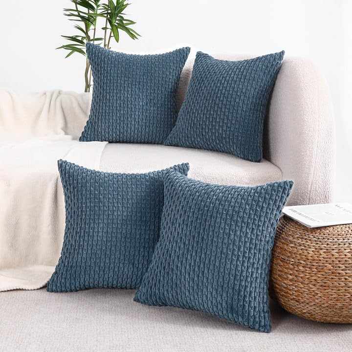 VAKADO Corduroy Throw Pillow Covers 16x16 Blue Set of 4 Farmhouse Decor