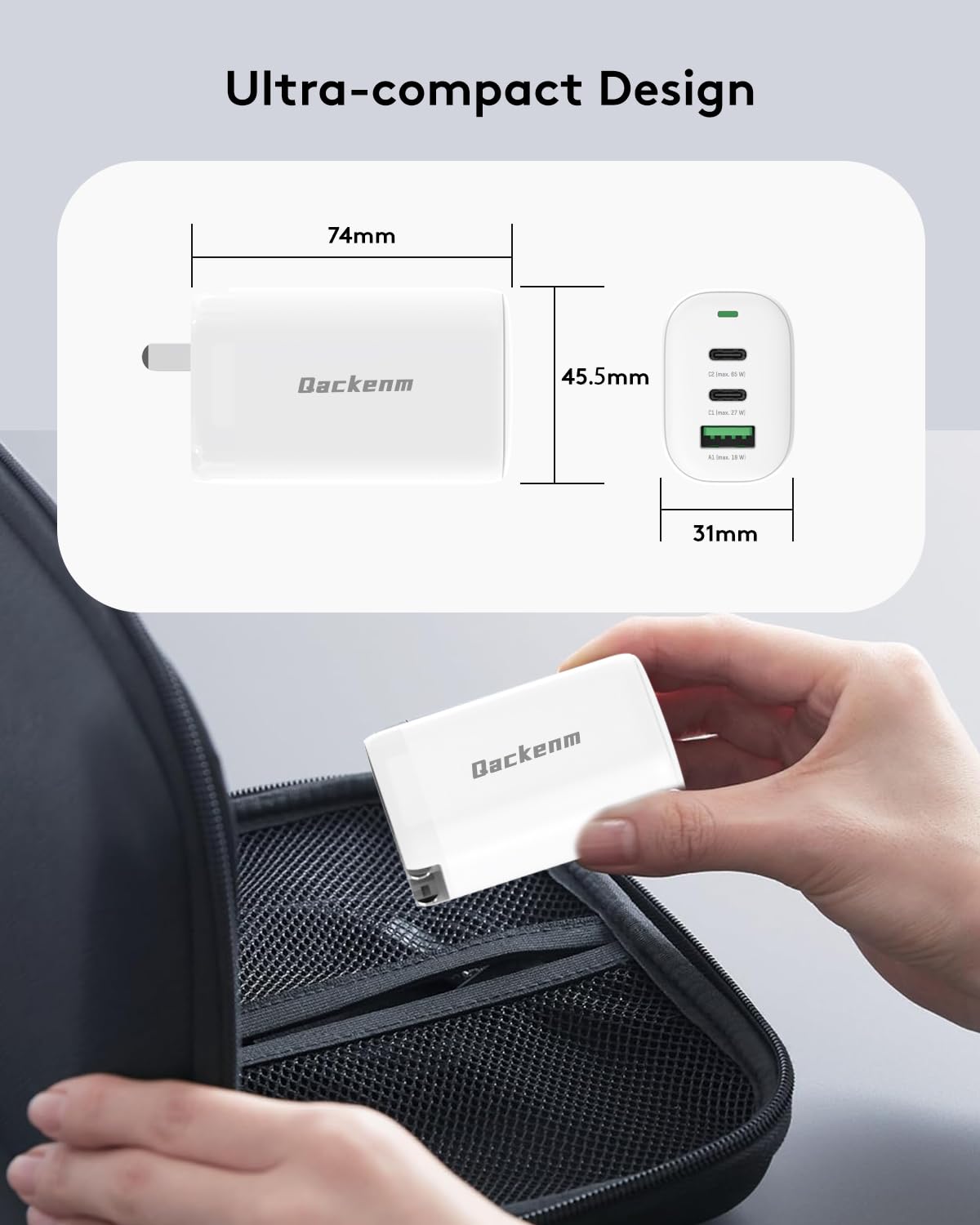 Qackenm 65W 3-Port GaN USB C Charger Foldable Fast Charging White
